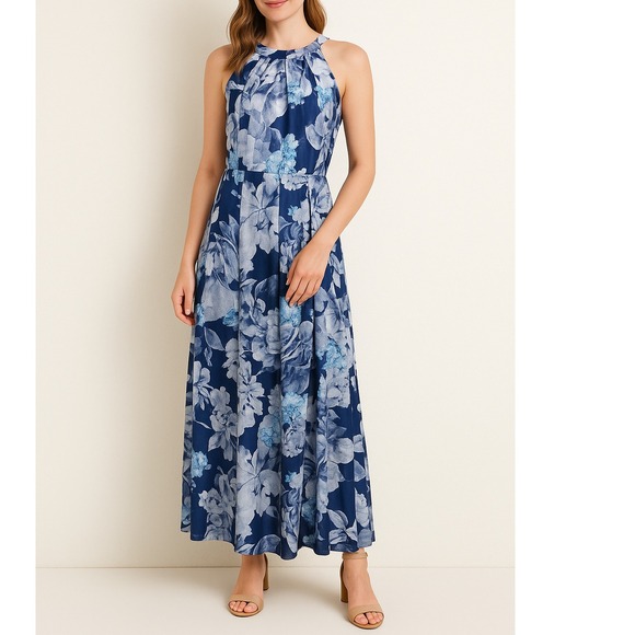 Dresses & Skirts - Womens Blue S Floral Pleated Sleeveless Formal Maxi Dress Elegant By Candalette